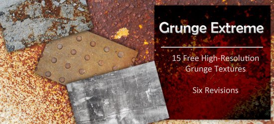 Promotional banner for Grunge Extreme featuring a collage of various high-resolution grunge textures with text announcing 15 free textures from Six Revisions.