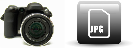 A DSLR camera on the left and a JPG file format icon on the right.