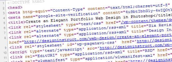 Snippet of HTML code with DOCTYPE, meta tags, title, link elements for stylesheets, and a script element.