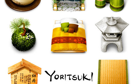 A collection of items related to Japanese culture including a water feature, bonsai tree, futon bed, garden lantern, wooden plaque with Japanese writing, bamboo cups, tatami mat, and the stylized name 'Yoritsuki'.