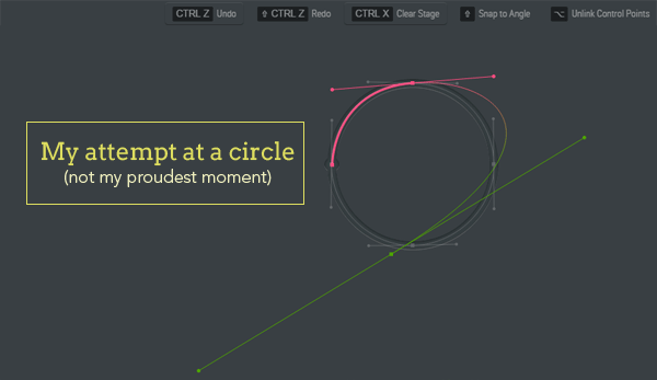 A digital drawing of an imperfect, roughly sketched circle with multiple overlapping lines, accompanied by a humorous caption acknowledging the unsuccessful attempt, and drawing control options at the top.