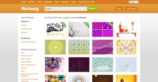 Screenshot of Vecteezy website showing search results for 'flowers' with 5059 vector graphics displayed in a grid of thumbnails, including search filters and related search terms on the left.