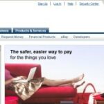 Screenshot of the PayPal login page with fields for email and password, a login button, and a promotional image of a woman using a laptop on a couch.