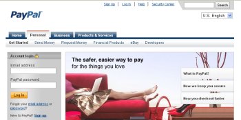 Screenshot of the PayPal login page with fields for email and password, a login button, and a promotional image of a woman using a laptop on a couch.