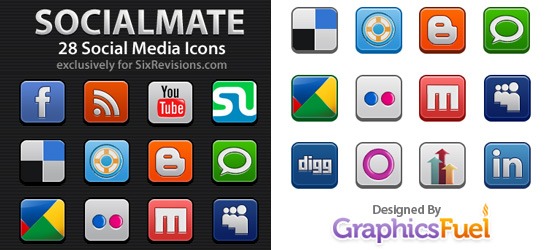 A collection of 28 stylized social media icons for platforms like Facebook, YouTube, Twitter, and LinkedIn, with text indicating they are for SixRevisions.com and designed by GraphicsFuel.