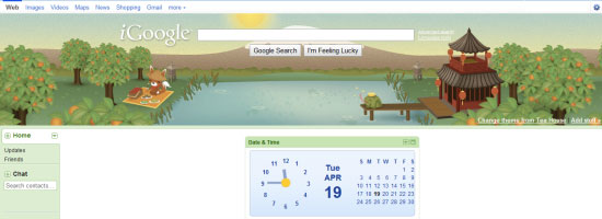 Screenshot of the iGoogle homepage with an Asian-style landscape theme, featuring a pagoda, trees, and a pond. The page includes links to Google services, a search bar with 'Google Search' and 'I'm Feeling Lucky' buttons, and a sidebar with widgets including a 'Date & Time' calendar.