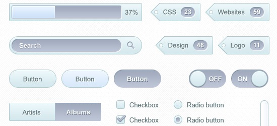 A collection of web design user interface elements including progress bars, tags, a search bar, buttons, toggle switches, tabs, checkboxes, and radio buttons.