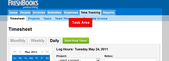 Screenshot of FreshBooks accounting software showing the Timesheet section with options for logging hours, selecting projects, and adding notes, with a navigation bar at the top.