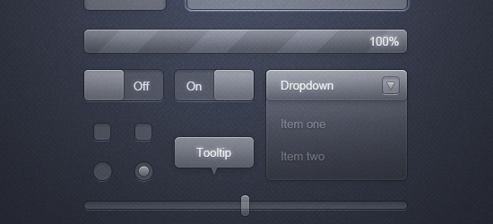 Graphical user interface elements on a dark textured background, including a toggle switch, a slider at 100%, a dropdown menu with two items, radio buttons, checkboxes, and a tooltip button with a speech bubble.