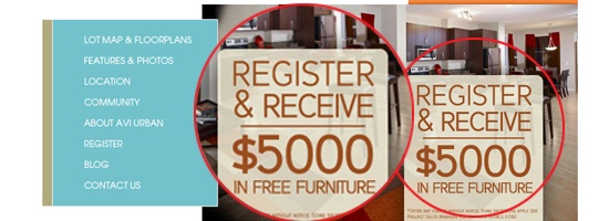 Screenshot of a website navigation menu alongside a promotional offer stating 'REGISTER & RECEIVE $5000 IN FREE FURNITURE' with the offer highlighted twice over an interior background with wooden flooring.