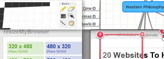 Collage of web browser interface elements including design tools, a dropdown menu labeled 'Western Philosophy,' a 'resizeMyBrowser' website with iPhone size options, and a browser tab with a notification for '20 Websites to Help You Master User Interface Design.'