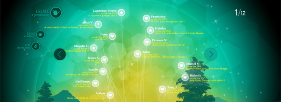 Abstract social network interface with connected nodes representing users and their interactions on a stylized green and blue gradient background with tree silhouettes.