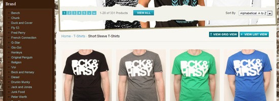 Four T-shirts with 'CKE HSY' print in black, dark gray, light gray, and blue colors displayed on an online store page.