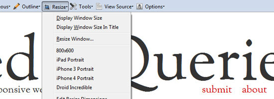 Screenshot of a web browser's 'Resize' dropdown menu with options for different window sizes and device dimensions.