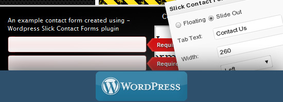 Screenshot of a WordPress Slick Contact Forms plugin interface with a preview of a contact form and settings panel.