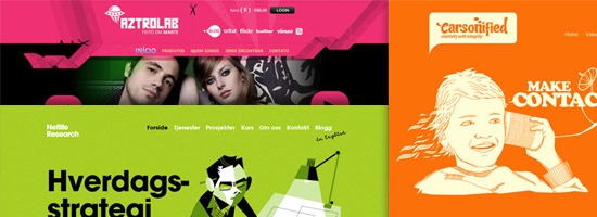 Three web design screenshots featuring different color schemes and layouts, with images and illustrations of people, text elements, and navigation menus.