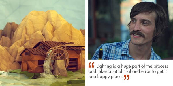 A crafted paper mountain landscape with a waterwheel house on the left, and a smiling man with a mustache and plaid shirt on the right, with a quote about the importance of lighting in the creative process.