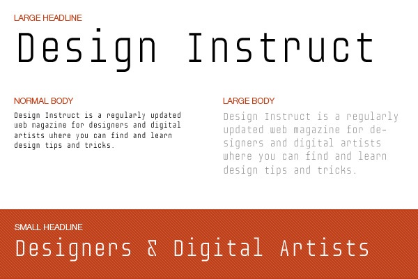 Typography layout sample with different text sizes and styles, including headlines and body text, describing Design Instruct as a web magazine for designers and digital artists.