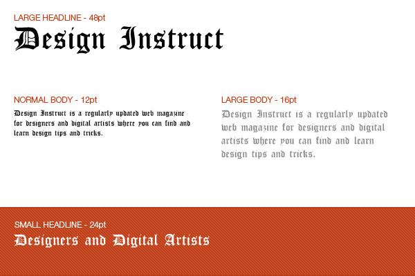 Typography layout sample showing a large headline 'Design Instruct' at 48pt, normal body text at 12pt, large body text at 16pt, and a small headline 'Designers and Digital Artists' at 24pt, all on a white background with a textured stripe at the bottom.