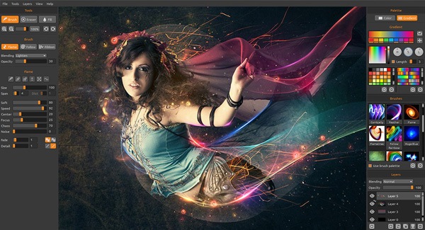 Digital artwork of a woman with dynamic swirls of light and abstract shapes being edited in art software.