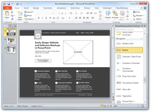 Screenshot of a PowerPoint presentation with a slide designed as a website wireframe, including a screenshot placeholder and text sections. A PowerMockup Stencil Library sidebar is visible with UI element options.