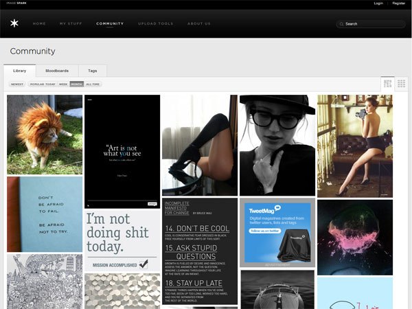 Screenshot of a community page on a website featuring a grid of thumbnails with diverse content including a fluffy dog, motivational quotes, and images of women, reflecting a lifestyle and inspiration theme.