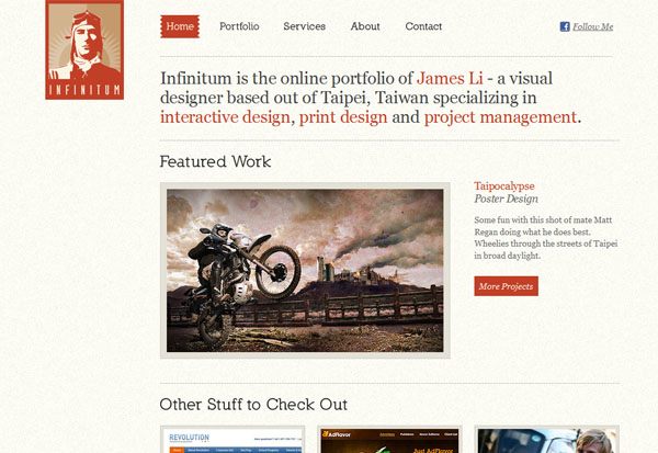 Screenshot of Infinitum portfolio website featuring designer James Li's work, with navigation links, a featured poster design of a motorcyclist in an apocalyptic setting, and thumbnails for other projects.