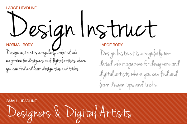 Sample layout for 'Design Instruct', a web magazine, showing different text styles including a large headline, normal and large body text, and a small headline.