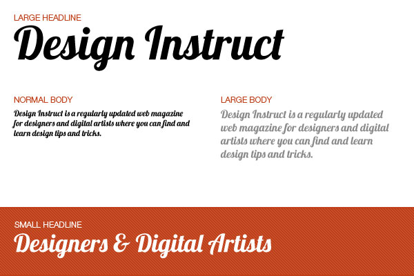 Typographic sample showing different text sizes and styles for a web magazine called Design Instruct, including a large headline, normal and large body text, and a small headline against a red-brown background.