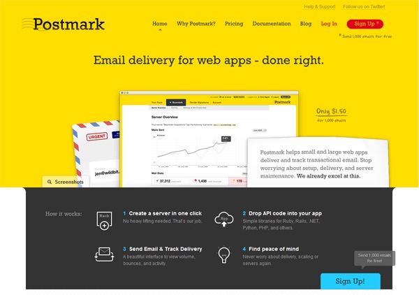 Screenshot of Postmark website homepage featuring navigation menu, service headline, email analytics dashboard graphic, step-by-step guide on using the service, pricing information, and a sign-up button.