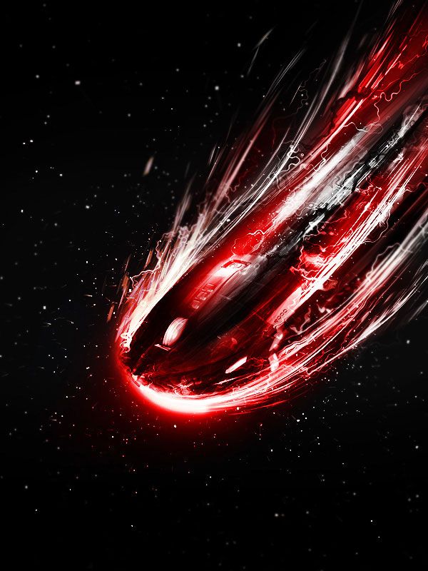 Abstract depiction of a glowing red object with streaks suggesting high-speed motion or an explosion, set against a starry background.