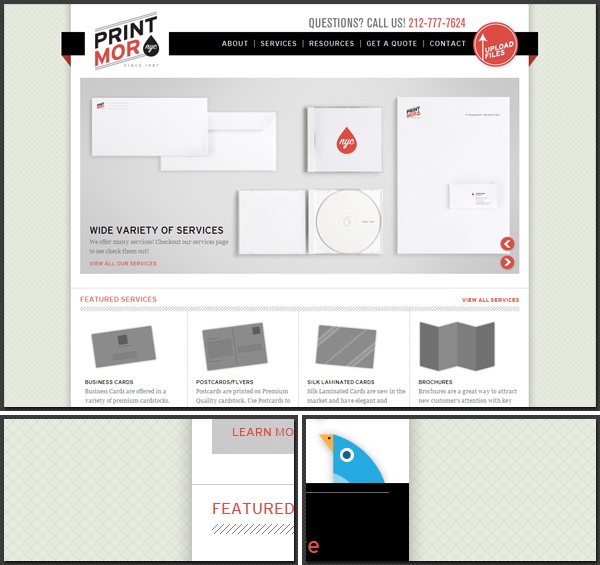 Screenshot of PRINT MOR company website featuring navigation bar, printed product examples, and featured services for business cards, postcards, silk laminated cards, and brochures.