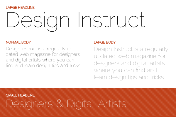 Example of typographic layout showing 'Design Instruct' in various text sizes and styles, including large headline, normal and large body text, and a small headline on a red textured background.