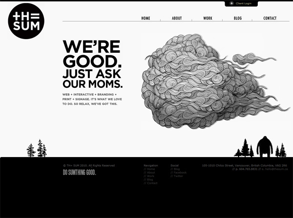 Website homepage of a creative agency called THE SUM, featuring a stylized cloud of swirling lines in the center, with text promoting their services in web, interactive, branding, print, and strategy, and a humorous tagline. The bottom of the page includes silhouettes of pine trees and two figures.