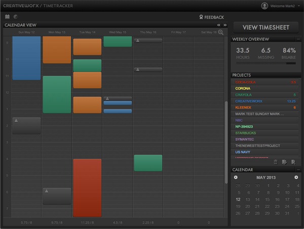 Screenshot of a time tracking software interface with a calendar view showing scheduled tasks for a week, a sidebar with a timesheet overview, project list with time allocations, and a mini-calendar for May 2013.