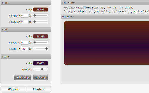 Screenshot of a CSS gradient generator interface with controls for start and end colors, a middle color stop, and a preview of the resulting reddish-brown to deep purple gradient. Below are buttons for Webkit and Firefox, and above is the corresponding CSS code.