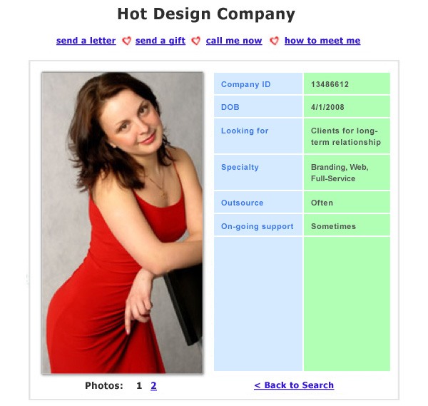 Screenshot of a profile page from a mock dating website for a design company, featuring a woman in a red dress and details like Company ID and services offered.