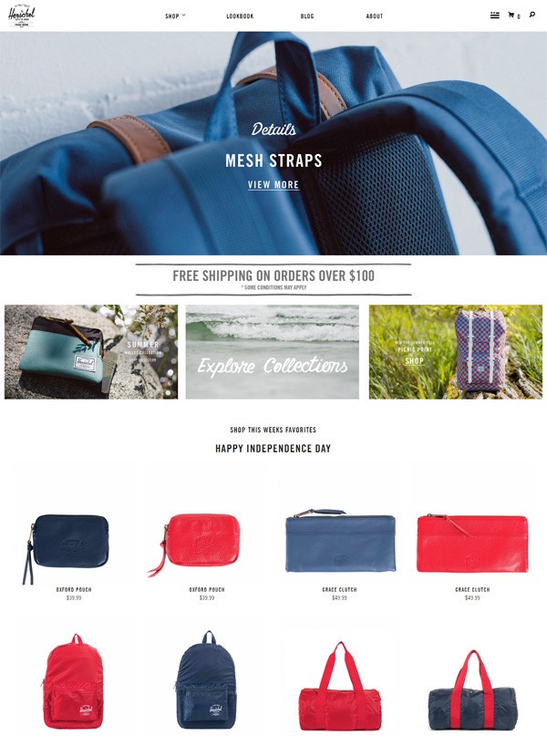 Screenshot of a retail website featuring bags and accessories. The top section shows a close-up of a blue bag with mesh straps and a 'Details' button. Below, a promotional banner offers free shipping on orders over $100. Further down, there are images of various products including a teal pouch, a patterned wallet, and text encouraging to 'Explore Collections'. The bottom section displays a selection of products with prices, such as a red 'Chapter Pouch' for $39.99 and backpacks in red and blue. The text 'Happy Independence Day' suggests a holiday sale.