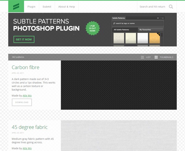 Screenshot of the Subtle Patterns website featuring a Photoshop plugin, with two pattern examples 'Carbon fibre' and '45 degree fabric' including descriptions and download buttons.