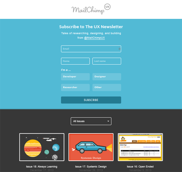 Webpage layout for MailChimp's UX Newsletter subscription featuring a sign-up form and thumbnails of past issues with titles related to design and learning.