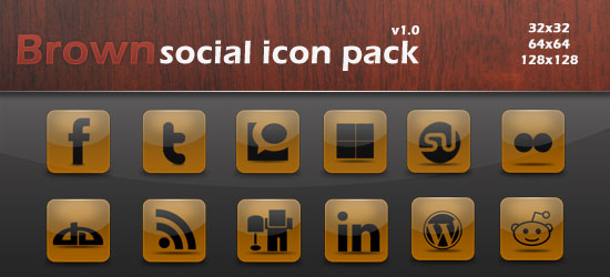 A set of brown-themed social media icons in various sizes against a wooden textured background, labeled 'Brown social icon pack v1.0'.