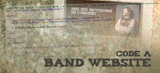 Grunge-style banner with HTML code and a tattooed person on the right, with the text 'CODE A BAND WEBSITE' across the bottom.