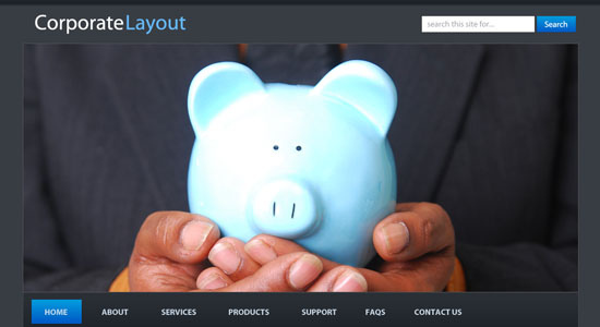 Person in a suit holding a blue piggy bank with a website navigation menu in the background.