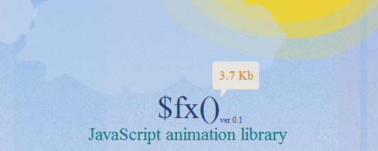 Promotional graphic for $fx() JavaScript animation library version 0.1, highlighting its small size of 3.7 Kb.