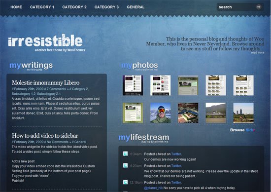 Screenshot of a personal blog website with a blue theme, featuring navigation links, blog post excerpts, a photo gallery, and social media updates.