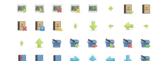 A series of pixelated interface icons including folders, a search magnifying glass, user profile, shopping carts with various symbols, and directional arrows, all against a light background.