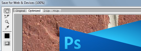 Close-up of the 'Save for Web & Devices' dialog in Adobe Photoshop with tabs for 'Original', 'Optimized', '2-Up', and '4-Up' visible, and part of the Photoshop logo displayed over an image being edited.