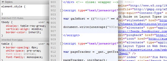 A web development environment with HTML code including a Google Analytics script and CSS rules for a webpage's body element.