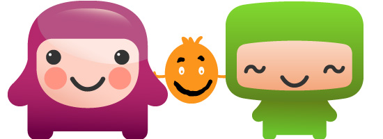 Three cartoon characters with smiling faces; the left character has purple coloring and a pink blush, the middle character is an orange fruit with a happy expression, and the right character is green.