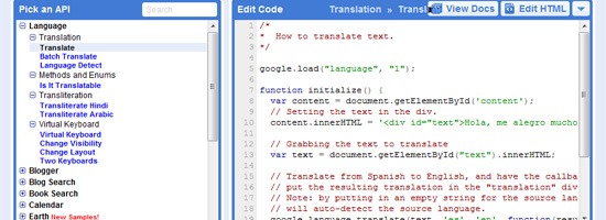 A computer screen displaying a language API sidebar on the left and a code editor with a translation script on the right.